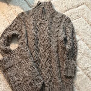 Garnet Hill Taupe Cable Knit Turtleneck Sweater and Scarf alpaca blend